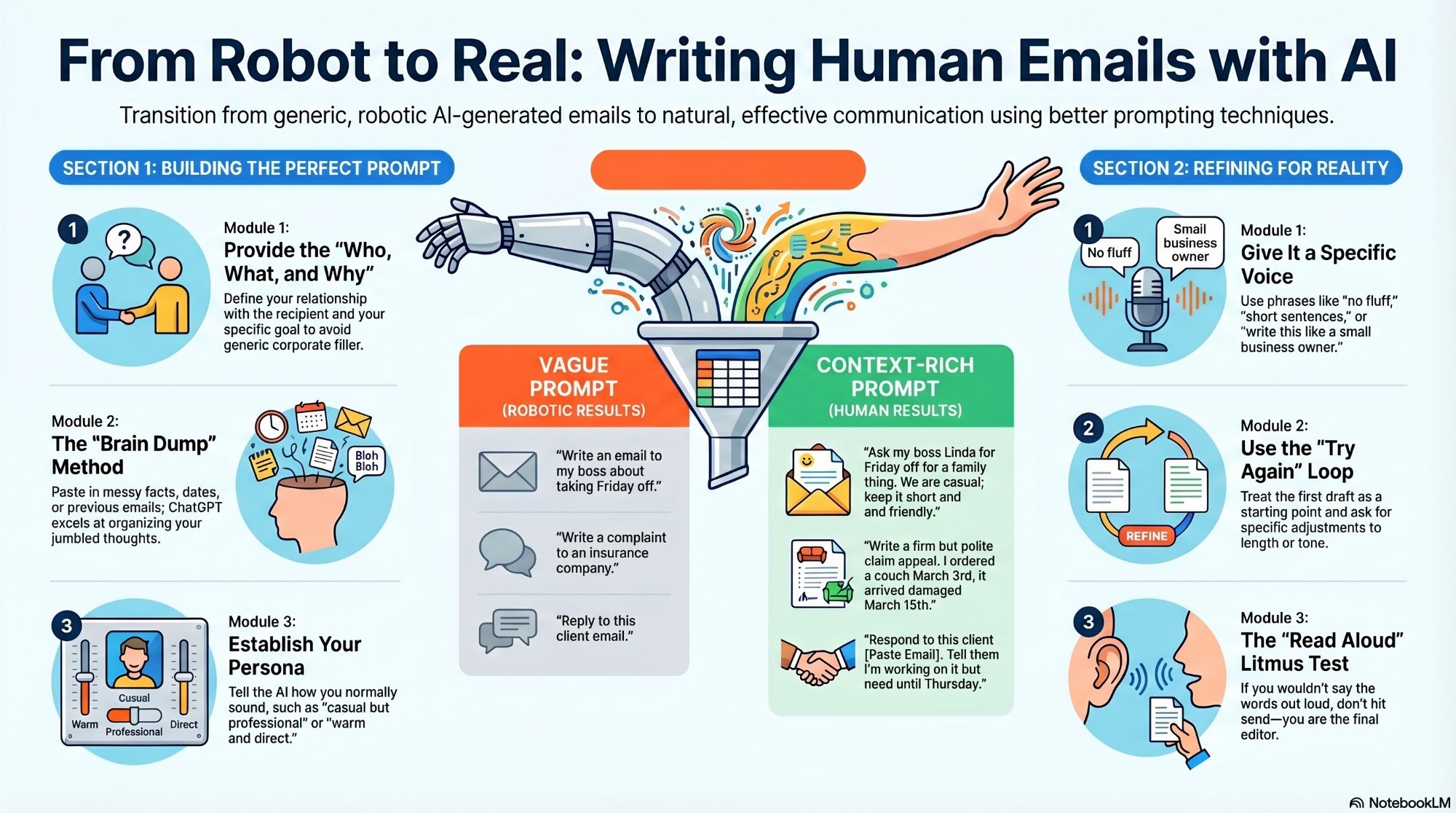 Infographic: From Robot to Real — Writing Human Emails with AI. Shows the difference between vague prompts that produce robotic results and context-rich prompts that produce human results.